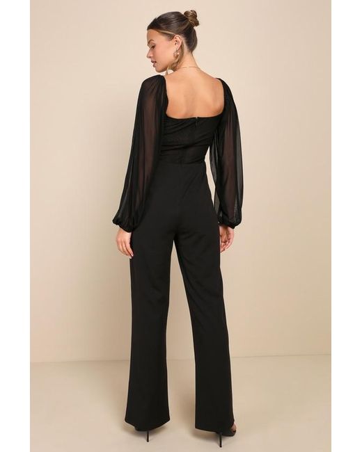 Lulus Black Instant Attraction Mesh Lace Long Sleeve Bustier Jumpsuit