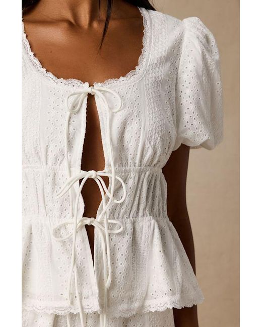 Lulus White Delora Eyelet Embroidered Tie-Front Top