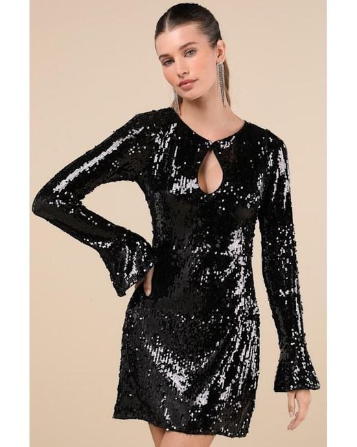 sparkling stunner black rhinestone cutout long sleeve mini dress Lulus Sparkling Stunner Rhinestone Cutout Long Sleeve Mini Dress in Black