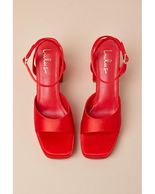 Lulus Red Shirine Satin Platform Ankle Strap Heels