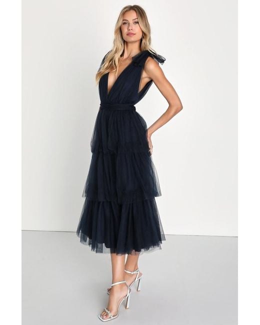 Lulus Blue Flawless Arrival Tulle Tie-Strap Tiered Maxi Dress