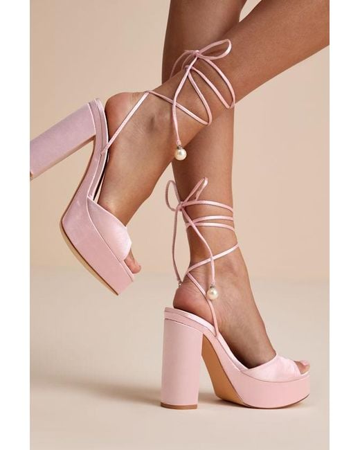 Lulus Pink Simonette Baby Satin Lace-Up Platform High Heel Sandals