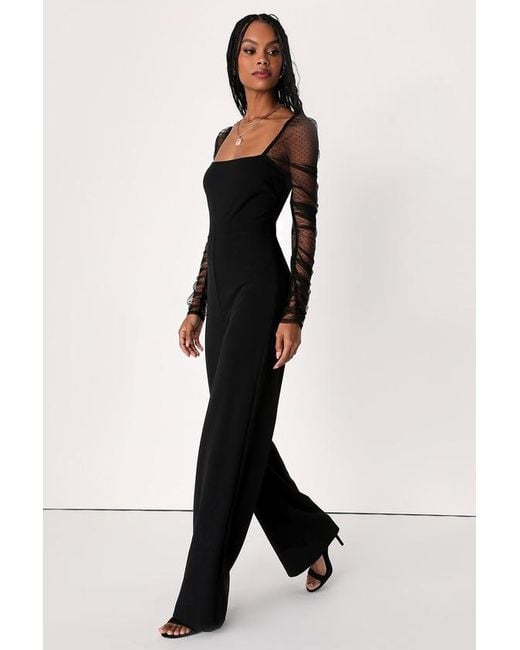 Lulus Black Made To Amaze Dotted Mesh Long Sleeve Jumpsuit