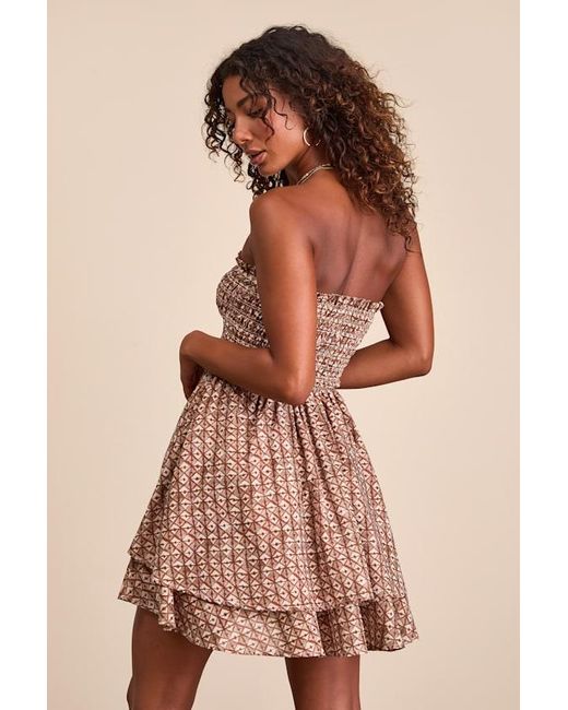 Lulus Brown Carson Geometric Print Smocked Mini Dress