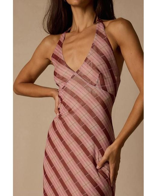 Lulus Brown Rachel Multi Plaid Mesh Halter Midi Dress