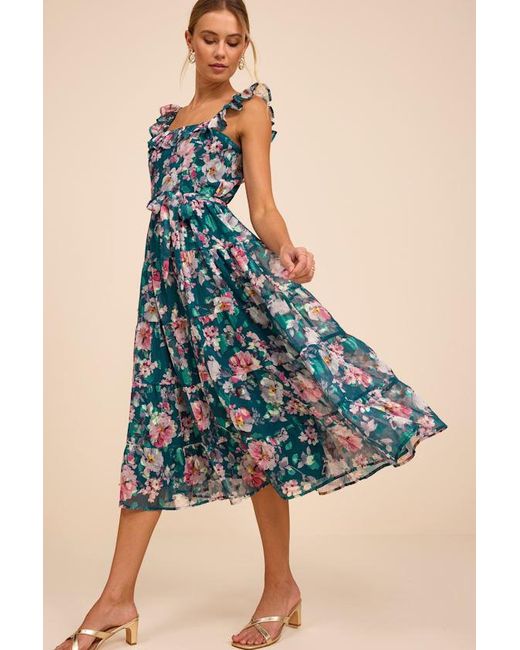 Lulus Blue Shela Floral Jacquard Tiered Midi Dress