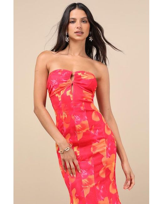 Lulus Red Islay Floral Abstract Mesh Strapless Midi Dress