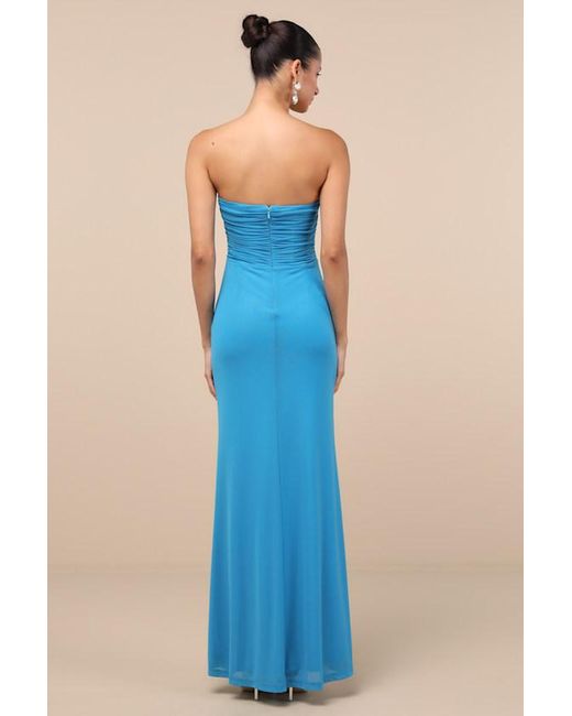 Lulus Blue Epitome Of Allure Bright Mesh Strapless Ruched Maxi Dress