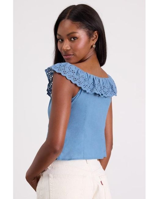 Lulus Blue Alesana Eyelet Embroidered Button-Front Top