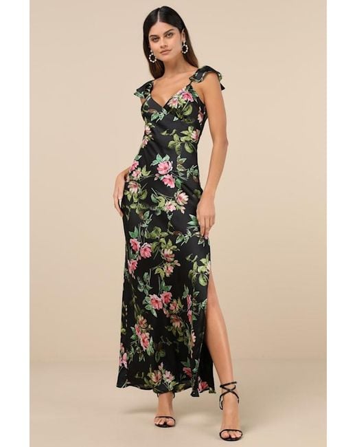 Lulus Natural Captivating Grace Floral Satin Ruffled Maxi Dress