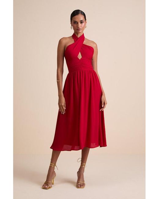 Lulus Red Emrah Cross-Front Cutout Halter Midi Dress