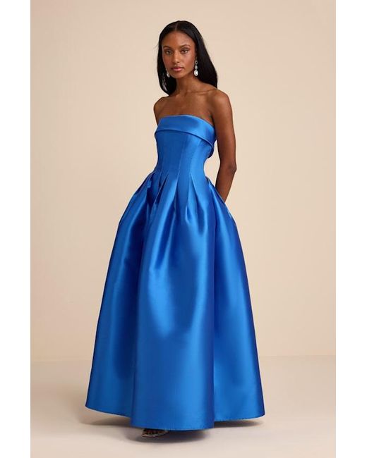 Lulus Blue Novalie Taffeta Pleated Strapless A-Line Maxi Dress