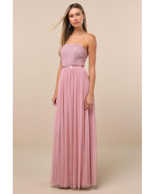 Lulus Pink Lonica Sequin Beaded Strapless Maxi Dress