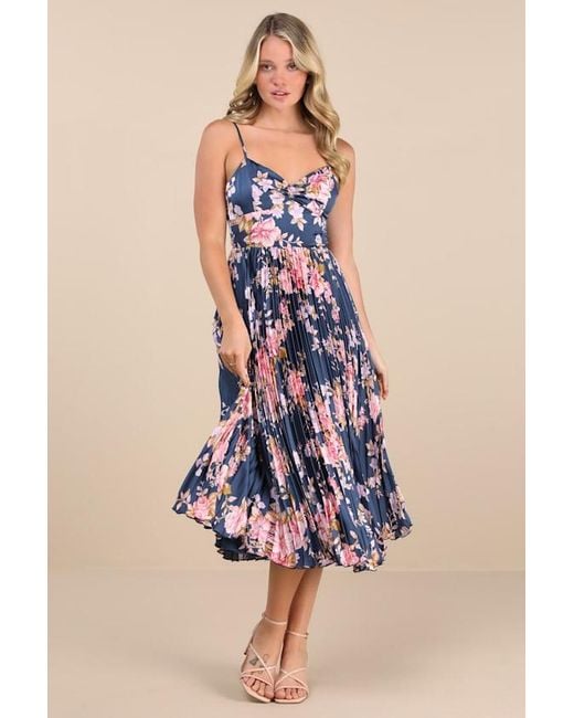 Lulus Francette Floral Satin Pleated Midi Dress in Blue | Lyst