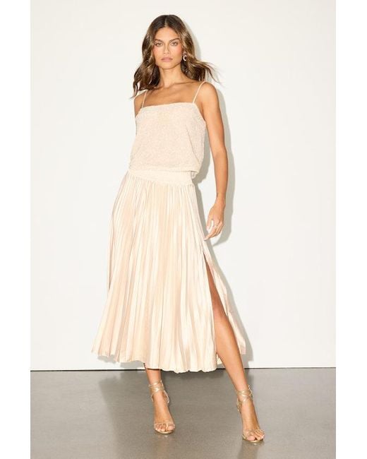 Lulus Natural Sophisticated Vision Satin Pleated Midi Skirt