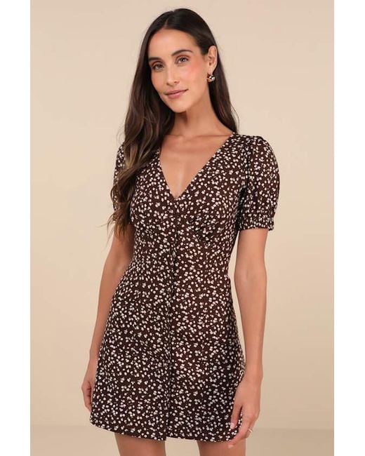 Lulus Brown Adored Cutie Floral Corduroy Button-Front Mini Dress