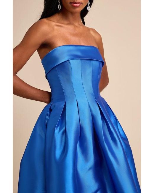 Lulus Blue Novalie Taffeta Pleated Strapless A-Line Maxi Dress