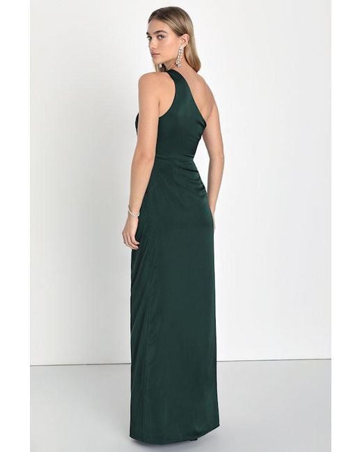 Lulus Green Dreaming Of Elegance Emerald Satin One-Shoulder Maxi Dress