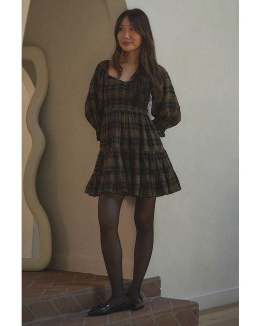 Lulus Brown No One Cuter And Tan Plaid Puff Sleeve Tiered Mini Dress