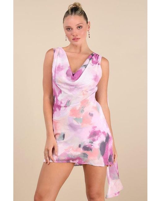 Lulus Pink Siya Abstract Print Cowl Sash Mini Dress