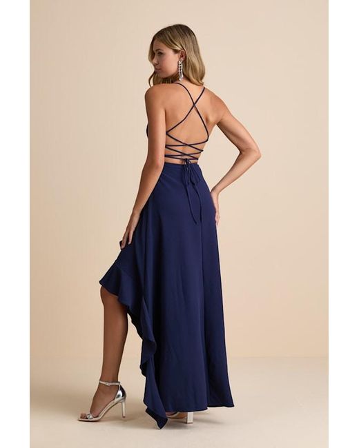Lulus Women's Blue Caryl Dark Ruffled Tulip High-Low Maxi Dress