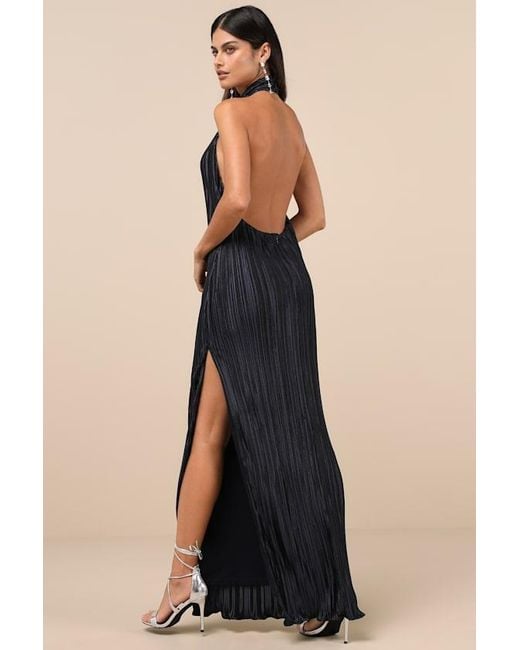 Lulus Blue Gwenny Dark Satin Plisse Maxi Dress