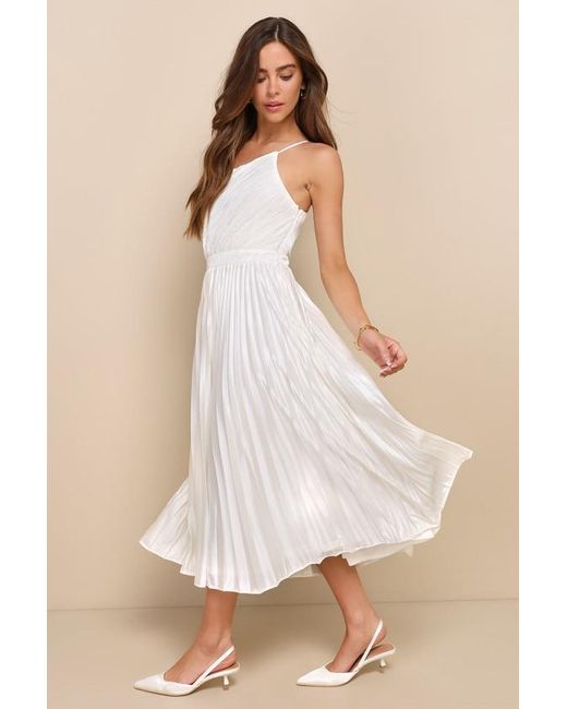 Lulus White Alluring Marvel Pleated Satin One-Shoulder Midi Dress