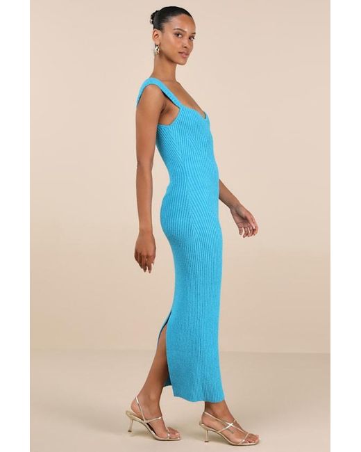 Lulus Blue Chiara Ribbed Knit Cap Sleeve Midi Dress