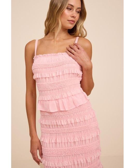 Lulus Pink Harley Smocked Ruffled Midi Dress