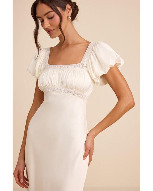 Lulus Natural Catherine Satin Puff Sleeve Slip Midi Dress