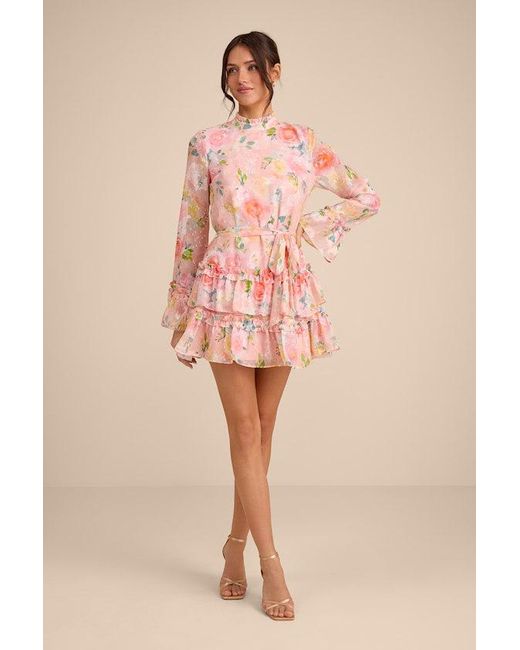 Lulus Pink Lenna Multi Floral Ruffled Mini Dress