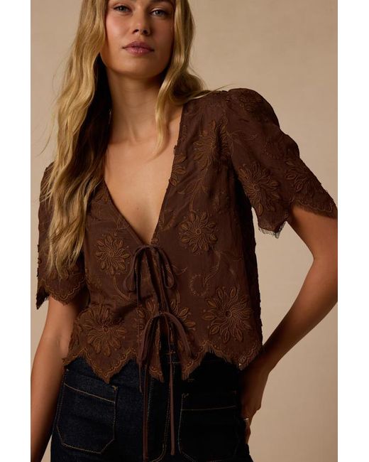 Lulus Brown Vintage Aesthetic Embroidered Tie-Front Fringe Hem Top