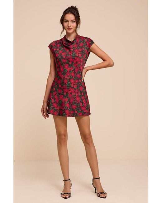 Lulus Red Ariya Multi Floral Satin Mock Neck Mini Dress