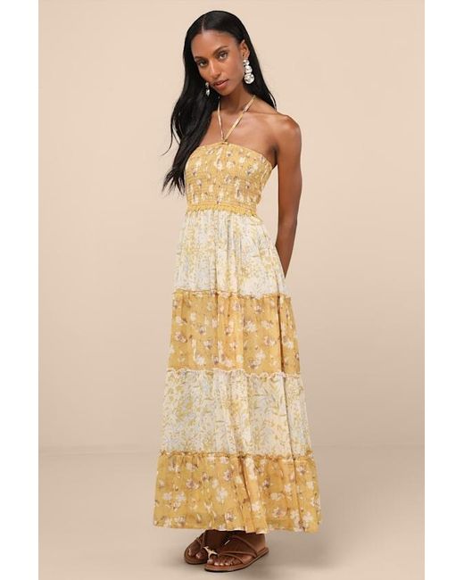 Lulus Natural Bennie And Ivory Floral Tiered Halter Maxi Dress