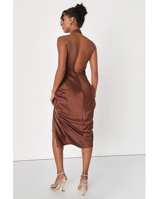 Lulus Brown Beyond Classy Satin Halter Midi Dress
