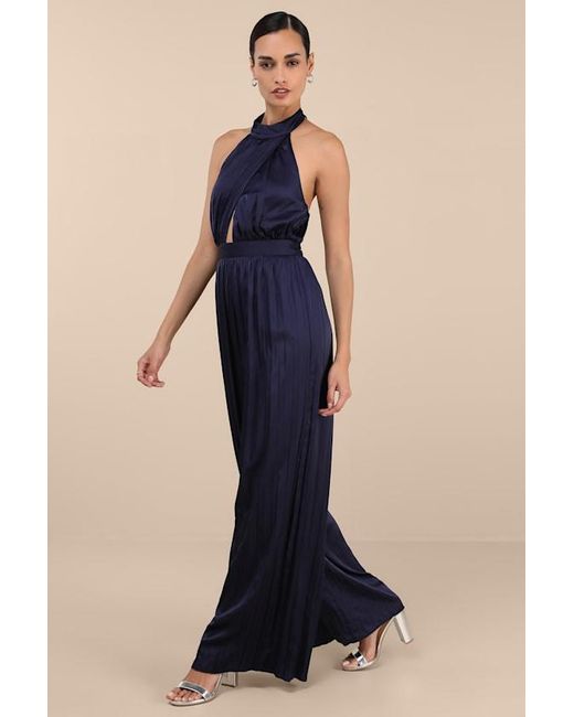 Lulus Blue Confident Impression Satin Pleated Halter Jumpsuit