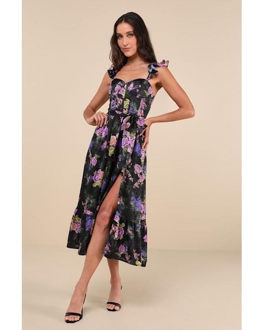 Lulus Natural Sweet Like Sangria Floral Ruffled Bustier Midi Dress