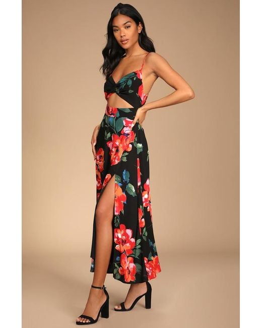 Lulus Red Tropical Blooms Floral Print Tie-Back Cutout Dress