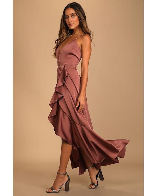 Lulus Brown Enchanted Moments Satin Ruffled High-Low Dress