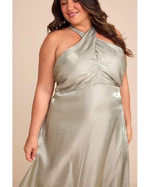 Lulus Natural Canley Sage Satin Cross-Front Halter Maxi Dress