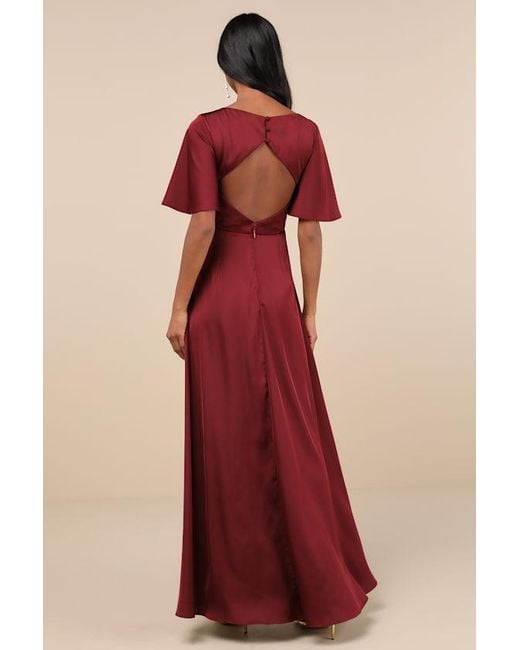 Lulus Red Elegant Confidence Satin Flutter Sleeve Cutout Maxi Dress