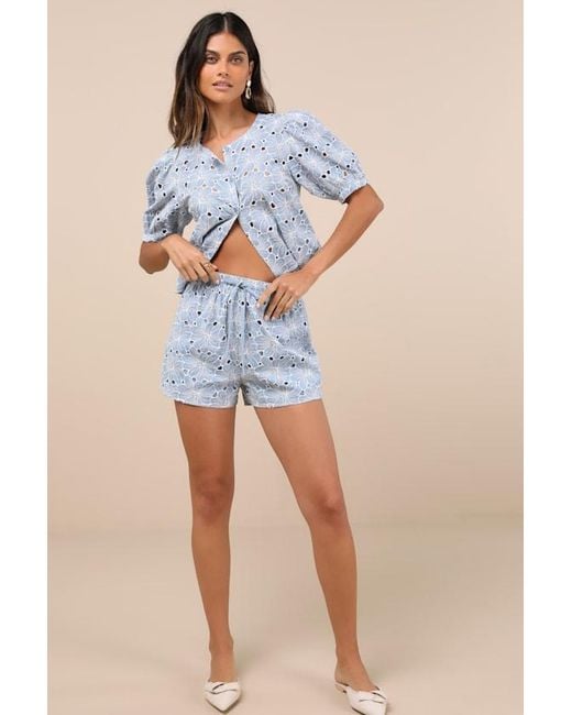 Lulus Blue Aminta Eyelet Embroidered Drawstring Shorts