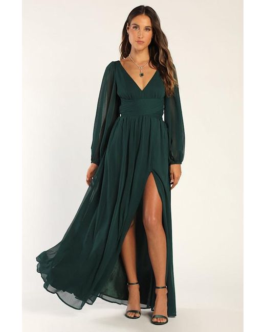 formal dresses on sale Ladivine CH054 - Long Sheath Dress - Long Sleeve, All-Over Sequin, Ruched Wrap Bodice, High Slit, Full Back, Sweep Train S / Gold