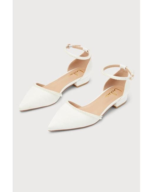 Lulus Natural Phoebee Satin Pearl Pointed-Toe Ankle Strap Flats