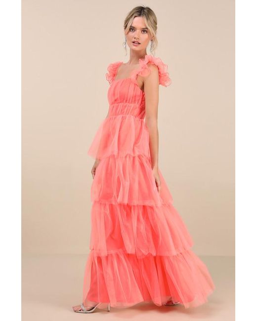 Lulus Pink Tulle For Love Mesh Tulle Tiered Ruffled Maxi Dress