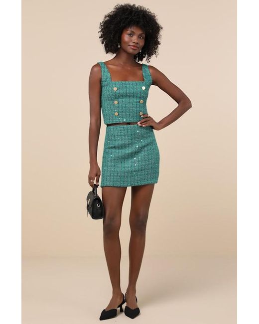 Lulus Green Exceptional Season Tweed Lurex Sequin Mini Skirt