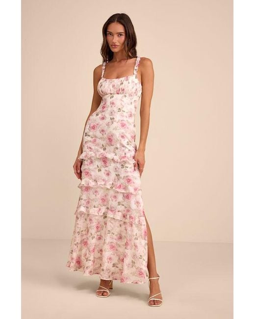 Lulus Natural Remiette Cream Floral Ruffled Empire Waist Maxi Dress