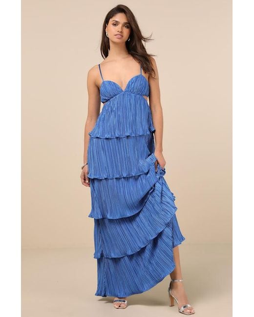 Lulus Blue Kanya Satin Plisse Tiered Maxi Dress