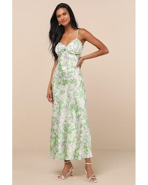 JACQUIE THE LABEL Green Valentina Multi Abstract Satin Ruffled Maxi Dress