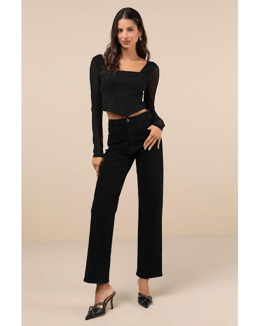 Lulus Black Captivating Sense Mesh Long Sleeve Bustier Crop Top